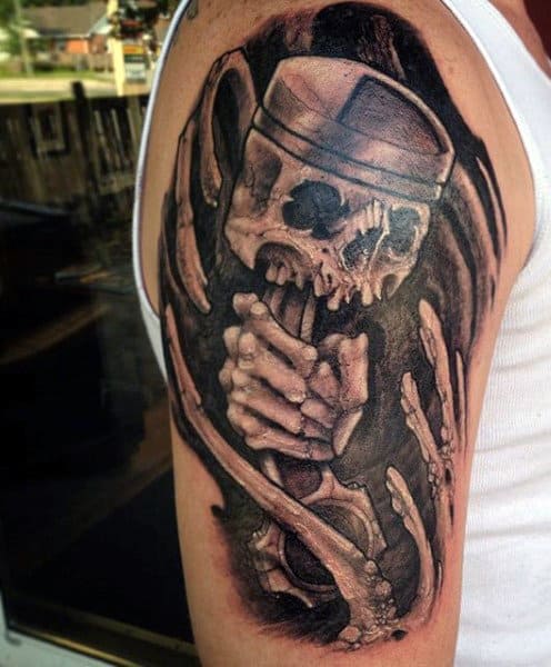 Skeleton Bones Motor Tattoo With Piston For Men
