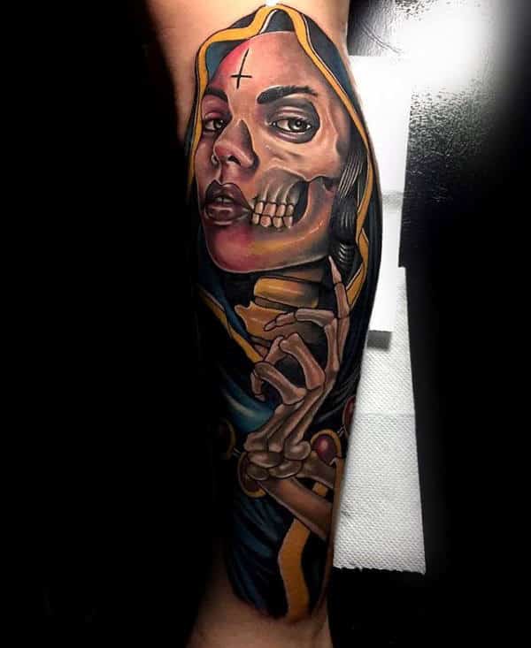 Skeleton Bones Virgin Mary Guys Leg Tattoo Design Ideas