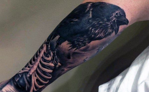 Skeleton Bones With Crow Forearm Guys Tattoos