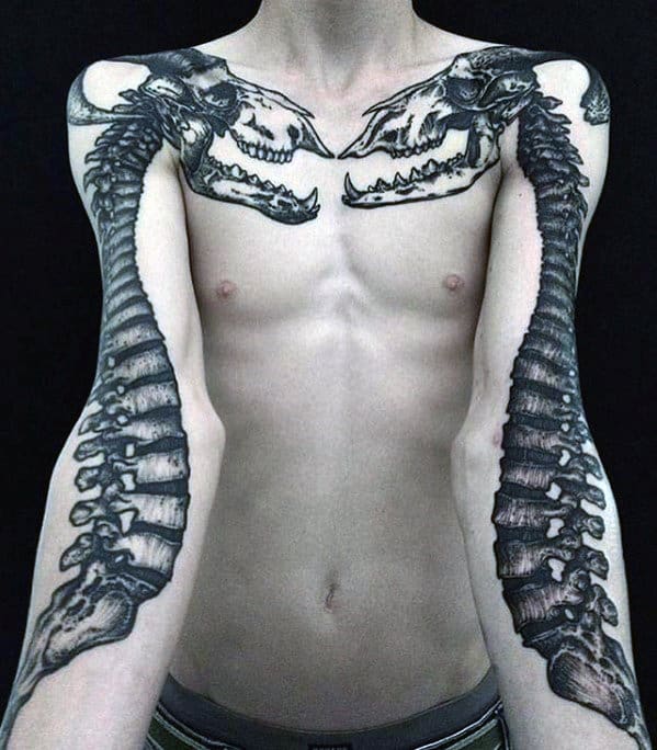 Skeleton Bones With Skull Guys Cool Arm And Chest Tattoos