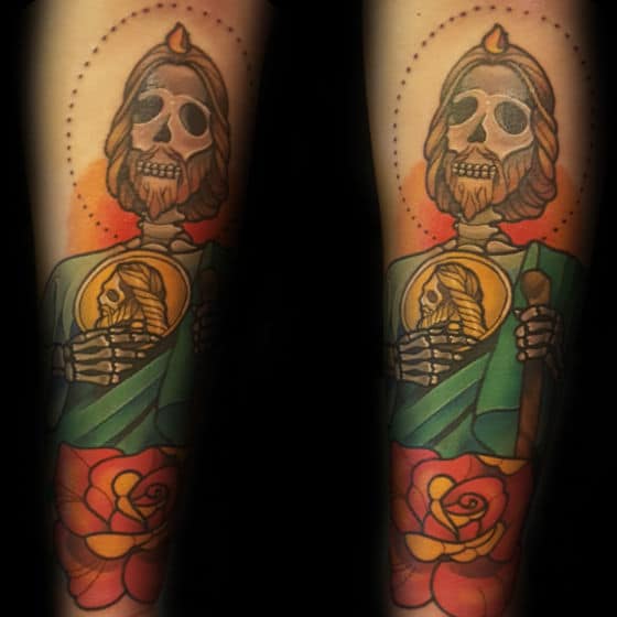 Skeleton Creative Mens St Jude Tattoo With Rose Flwoer Design