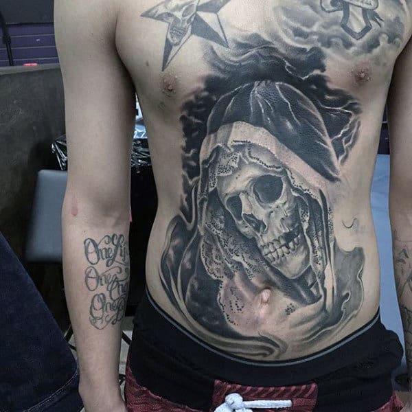 Skeleton Detailed Mens Stomach Tattoos