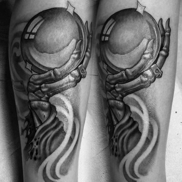 Skeleton Hand Holding Crystal Ball Guys Forearm Tattoos