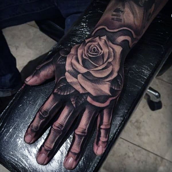 Skeleton Hand Mens Rose Flower Tattoo Designs