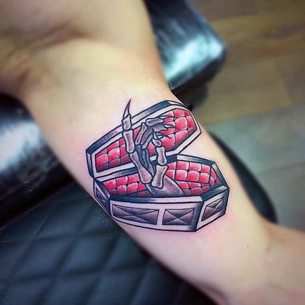 Skeleton Hand Poking Out Of Coffin Casket Tattoo For Gentlemen