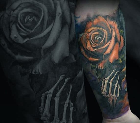 Skeleton Hand With Orange Rose Flower Guys Forearm Sleeve Tattoos