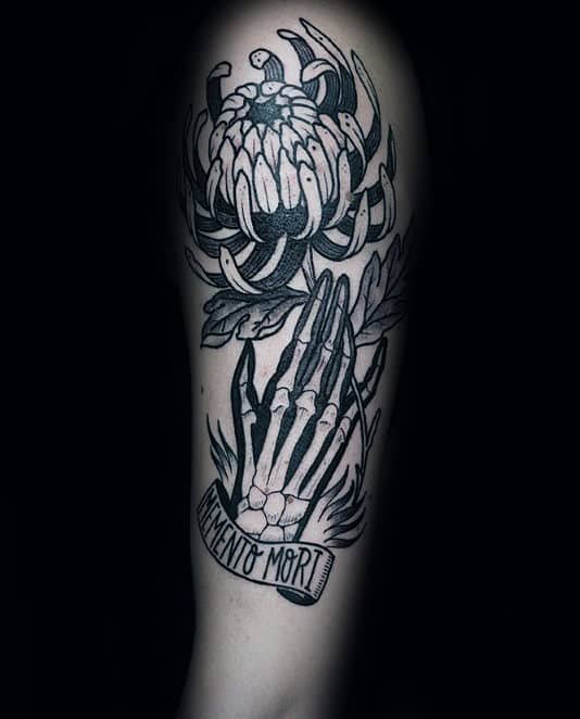 Skeleton Hands With Flower Memento Mori Male Arm Tattoos
