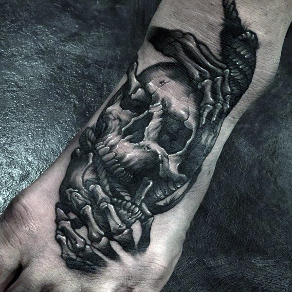Skeleton Hands With Skull Mens Nice 3d Foot Tattoos
