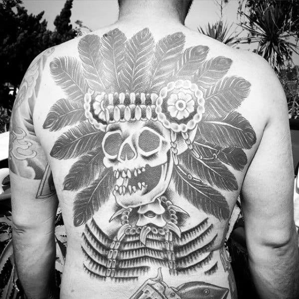 Skeleton Indian Skull Male Back Tattoo Ideas