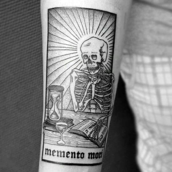 Skeleton Looking At Hourglass Mens Memento Mori Inner Forearm Tattoo Designs