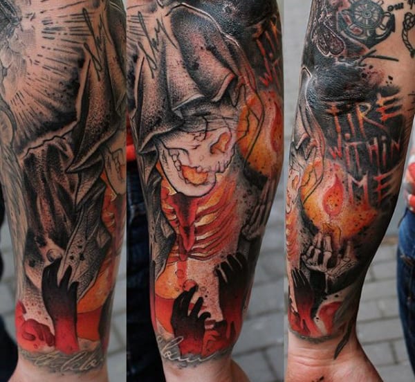 Skeleton Mens Forearm Sleeve Fire Tattoos