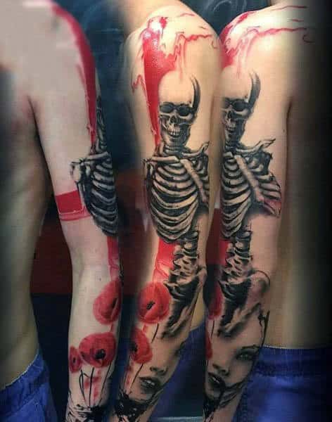 Skeleton Poppy Tattoo Full Arm Design For Males