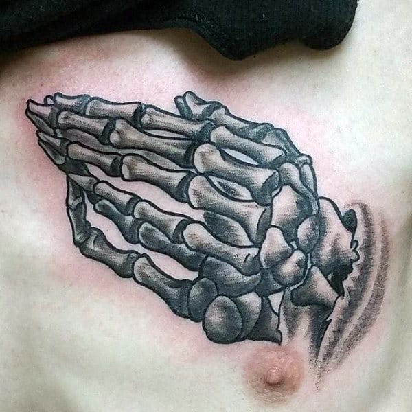 Skeleton Praying Hands Tattoo For Guys On Chest