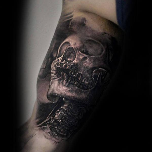 Skeleton Realistic Black Ink Inner Arm Tattoos For Men