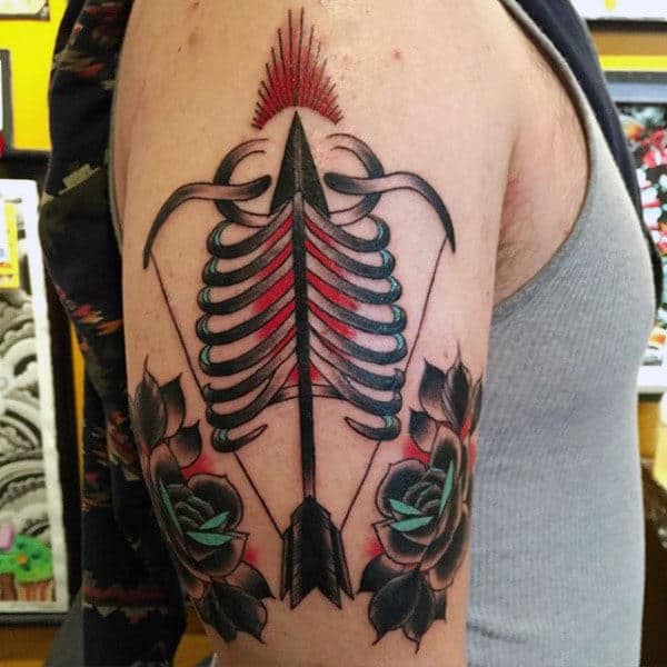 Skeleton Rib Cage Bow And Arrow Sagittarius Tattoos On Upper Arm