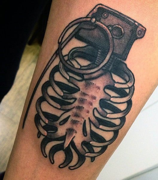 Skeleton Rib Cage Grenade Tattoo For Men