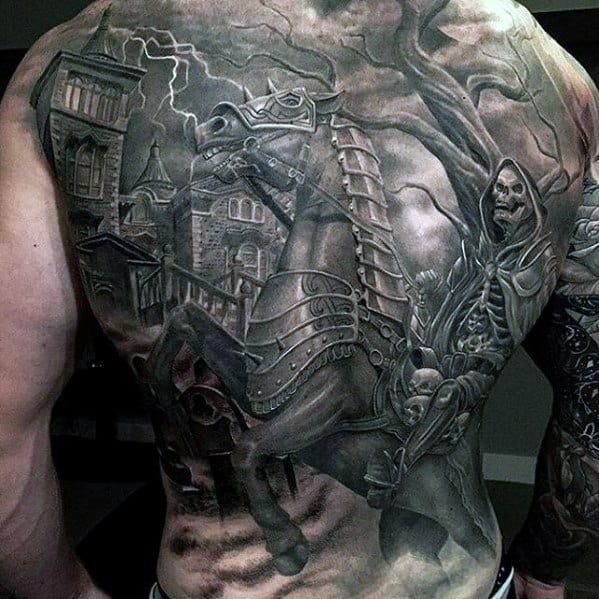 Skeleton Riding Horse Guys Unbelievable Realistic Back Tattoo