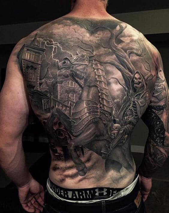 Skeleton Riding Horse With Tree Background Male Tattoo On Back