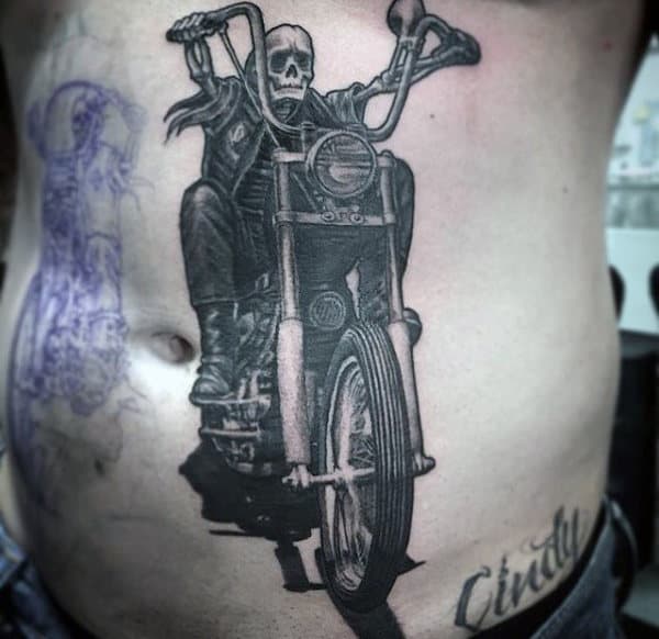Skeleton Riding Motorcycle Guys Harley Davidson Stomach Tattoos