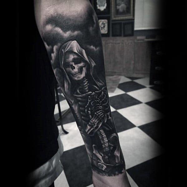 Skeleton Shaded Black Ink Bone Guys Forearm Sleeve Tattoo