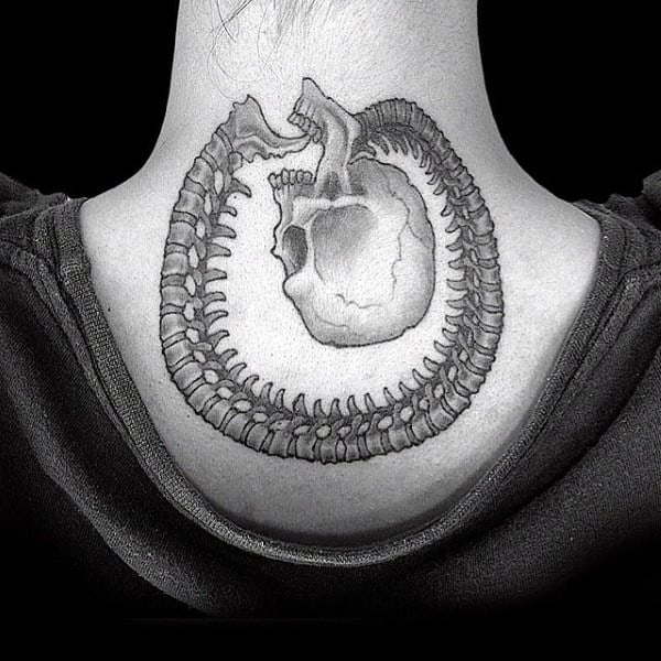 Skeleton Spine And Skull Ouroboros Mens Back Tattoo