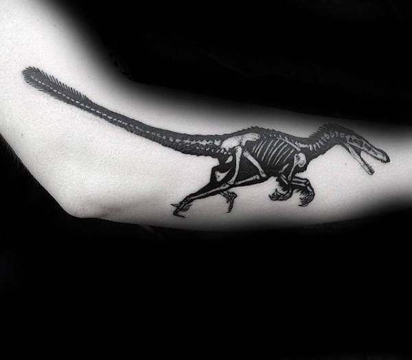 Skeleton Velociraptor Mens Black And White Ink Outer Forearm Tattoo