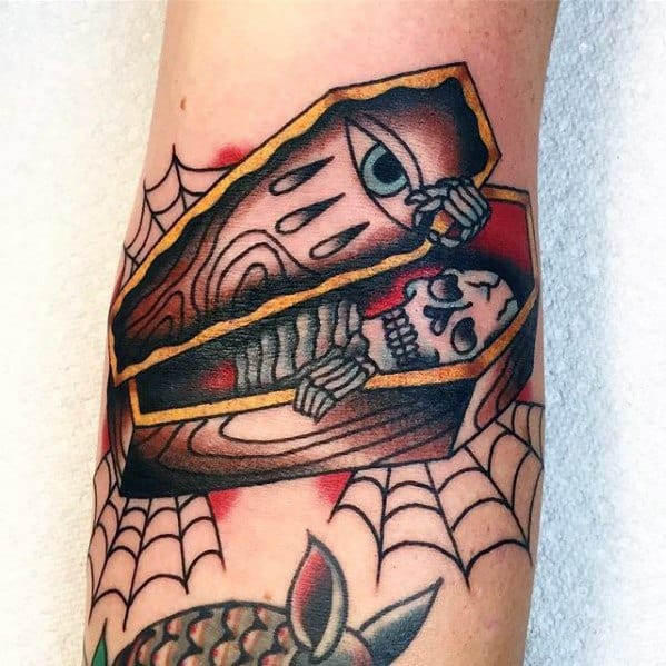 Skeleton With Coffin Ditch Tattoos For Gentlemen