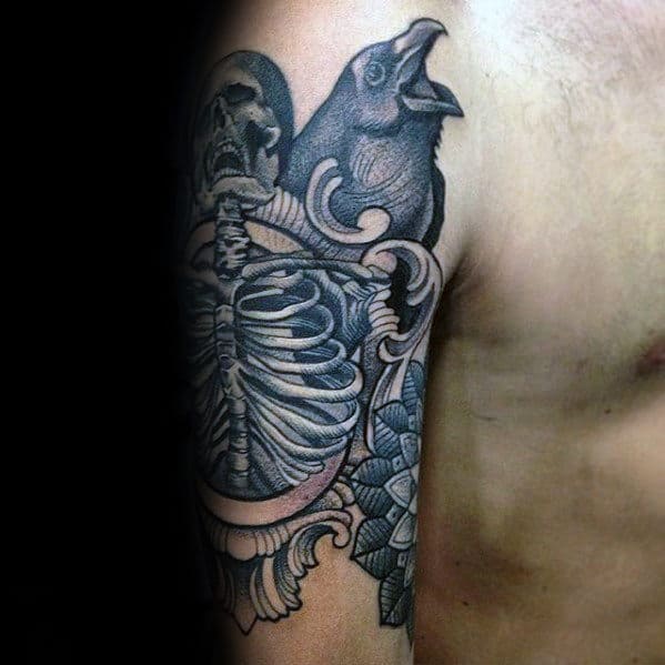 Skeleton With Crow Ornate Unusual Guys Arm Tattoos
