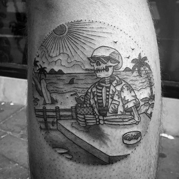 Skeleton With Drink On The Beach Mens Small Leg Calf Tattoos