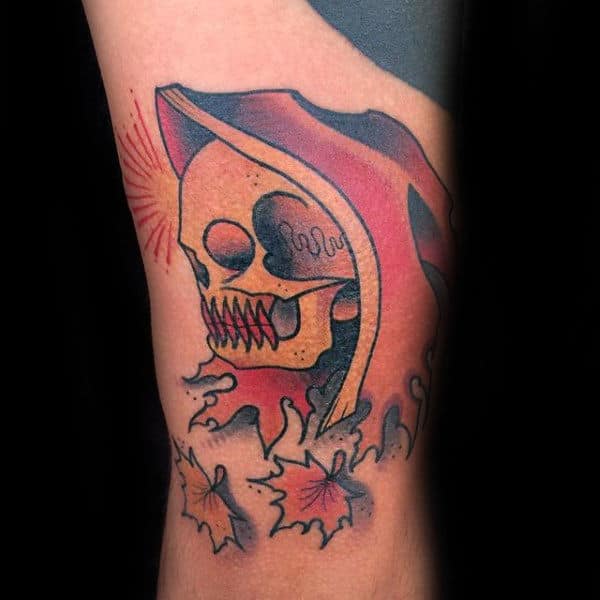 Skeleton With Leaves Mens Fall Arm Tattoo