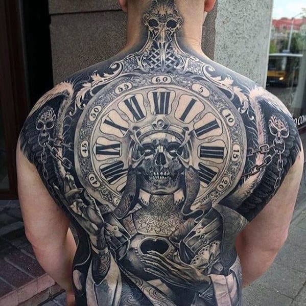 Skeleton With Roman Numeral Clock Guys Sweet Back Tattoo Ideas