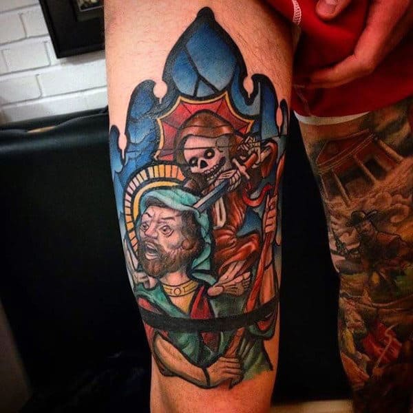 Skeleton With Sword Mens Thigh Stained Glass Tattoos