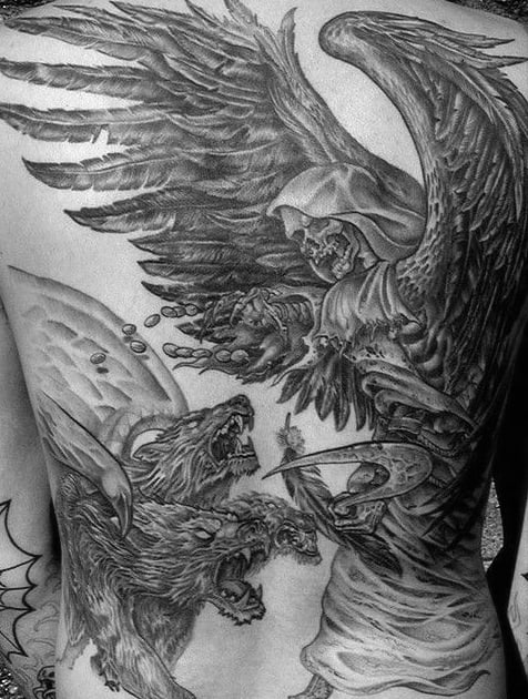 Skeleton With Wings Cerberus Guarding Gates Of Underworld Mens Full Back Tattoos