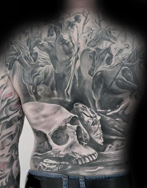 Skeletons Riding Horses In Battle Guys Cool Shaded Black And Grey Back Tattoos