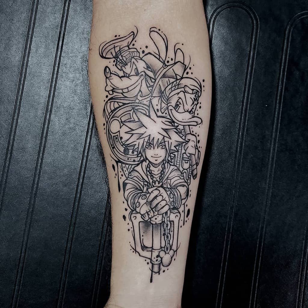 Black ink Kingdom Hearts tattoo on forearm featuring Sora, Donald, and Goofy with intricate linework and shading in a dynamic design.