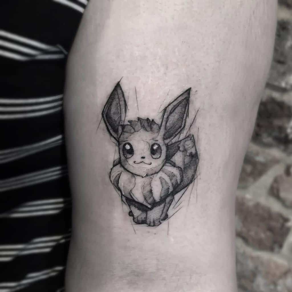 Charming sketch-style Eevee tattoo with delicate shading and fine line details, capturing Eevee's playful and curious essence