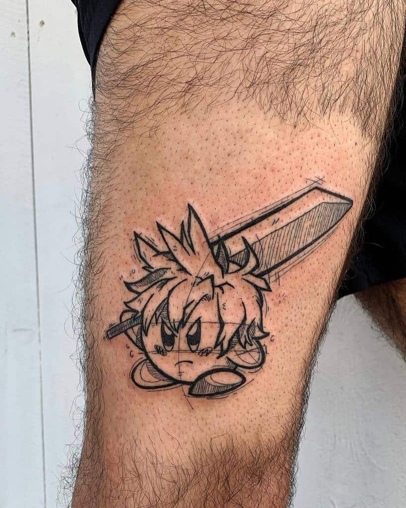 Sketch-style Kirby tattoo fused with Cloud Strife from Final Fantasy, featuring spiky hair and a massive Buster Sword