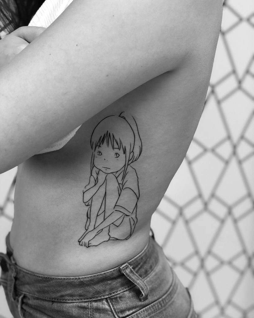 Minimalist fine-line tattoo of Chihiro from Spirited Away, sitting in a thoughtful pose, with delicate linework