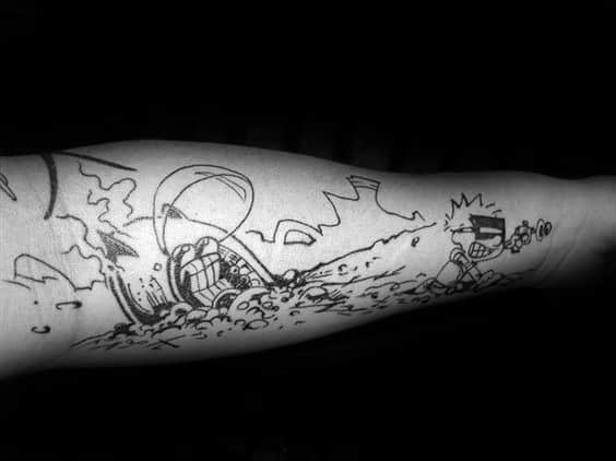 Sketched Black Ink Calvin And Hobbes Mens Tattoo Designs On Forearm