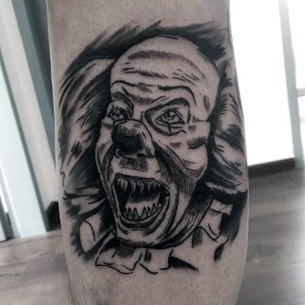 Sketched Black Ink Clown Mens Leg Tattoos