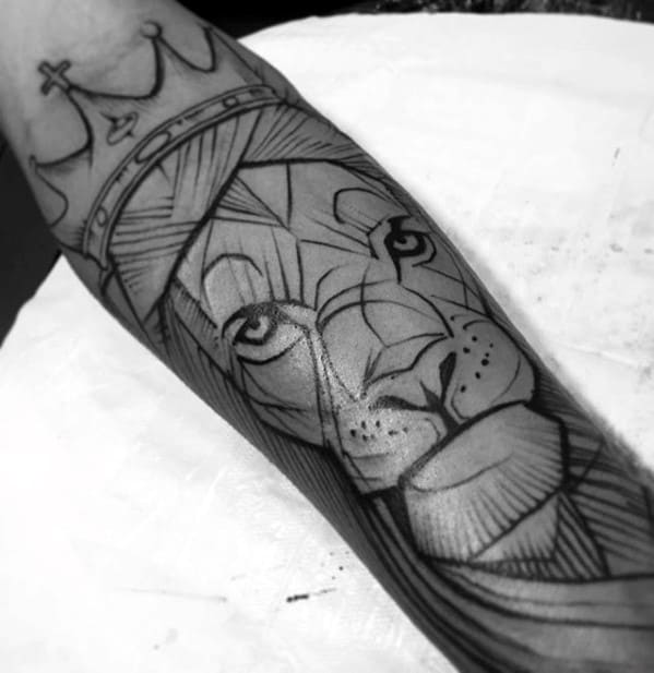 Sketched Black Ink Outline Lion Forearm Tattoos For Guys