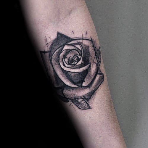 Tattoo of a geometric rose on a forearm