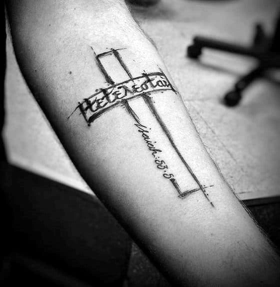 Sketched Cross With Tetelestai Inner Forearm Tattoo Ideas For Men