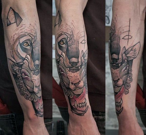 Tattoo of a wolf and sheep combined on the forearm, with detailed shading and linework showing the contrast between the two animals.