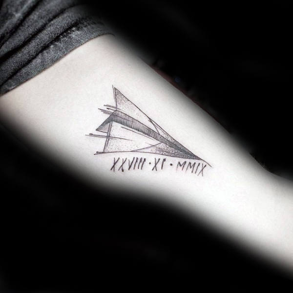 Sketched Guys Paper Airplane Tattoo With Roman Numerals