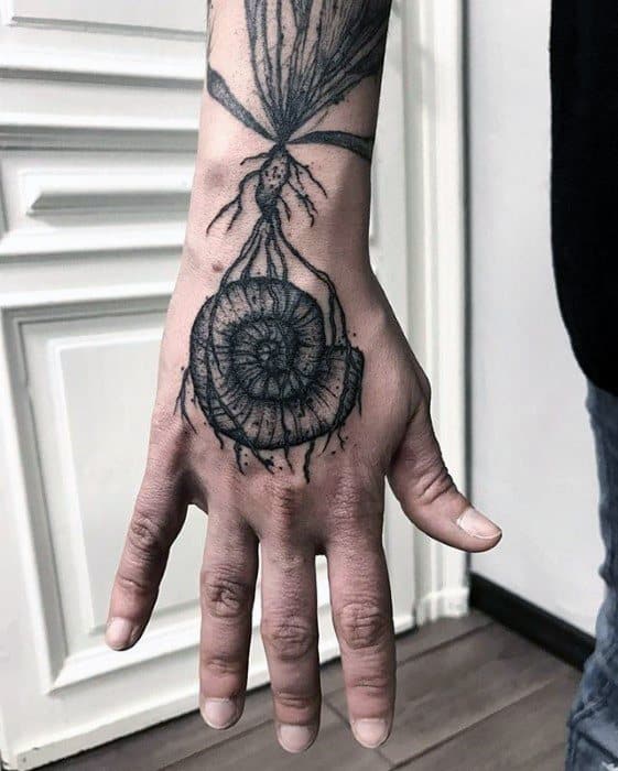 Sketched Hand Guys Ammonite Tattoo Designs