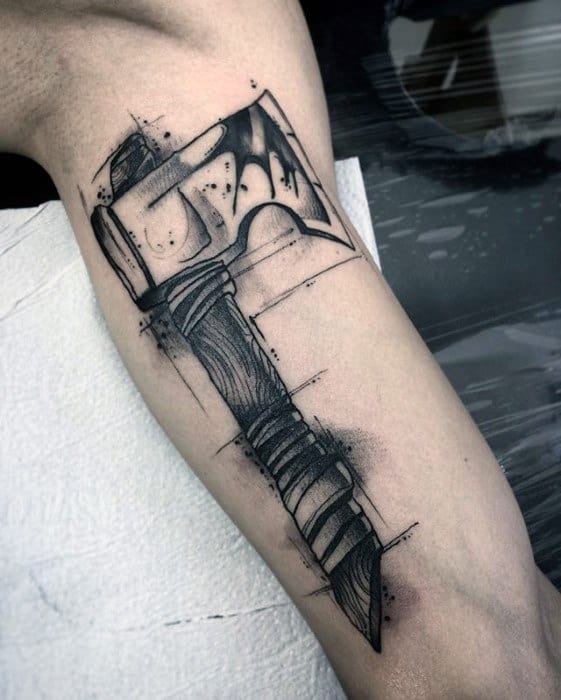 Sketched Inner Arm Bicep Axe Tattoo On Men