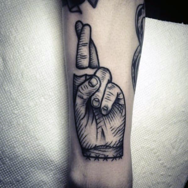 Sketched Inner Forearm Creative Fingers Crossed Tattoos For Men