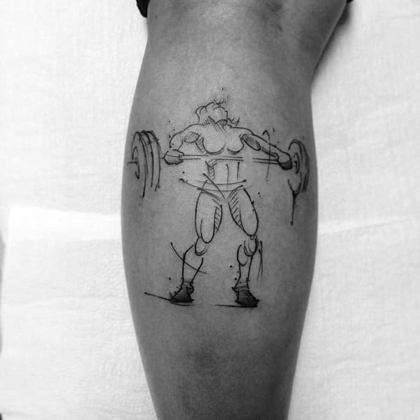 Sketch-style tattoo of a female weightlifter performing an Olympic lift, symbolizing strength, determination, and dedication to CrossFit and fitness.