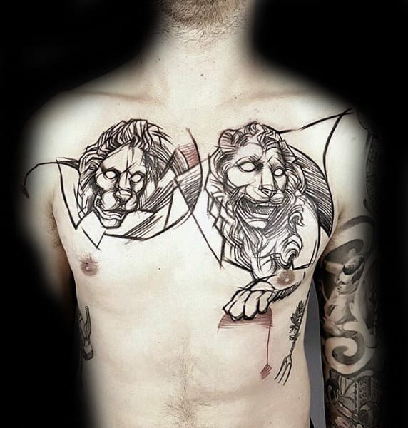 Sketched Lions Original Male Artistic Chest Tattoos